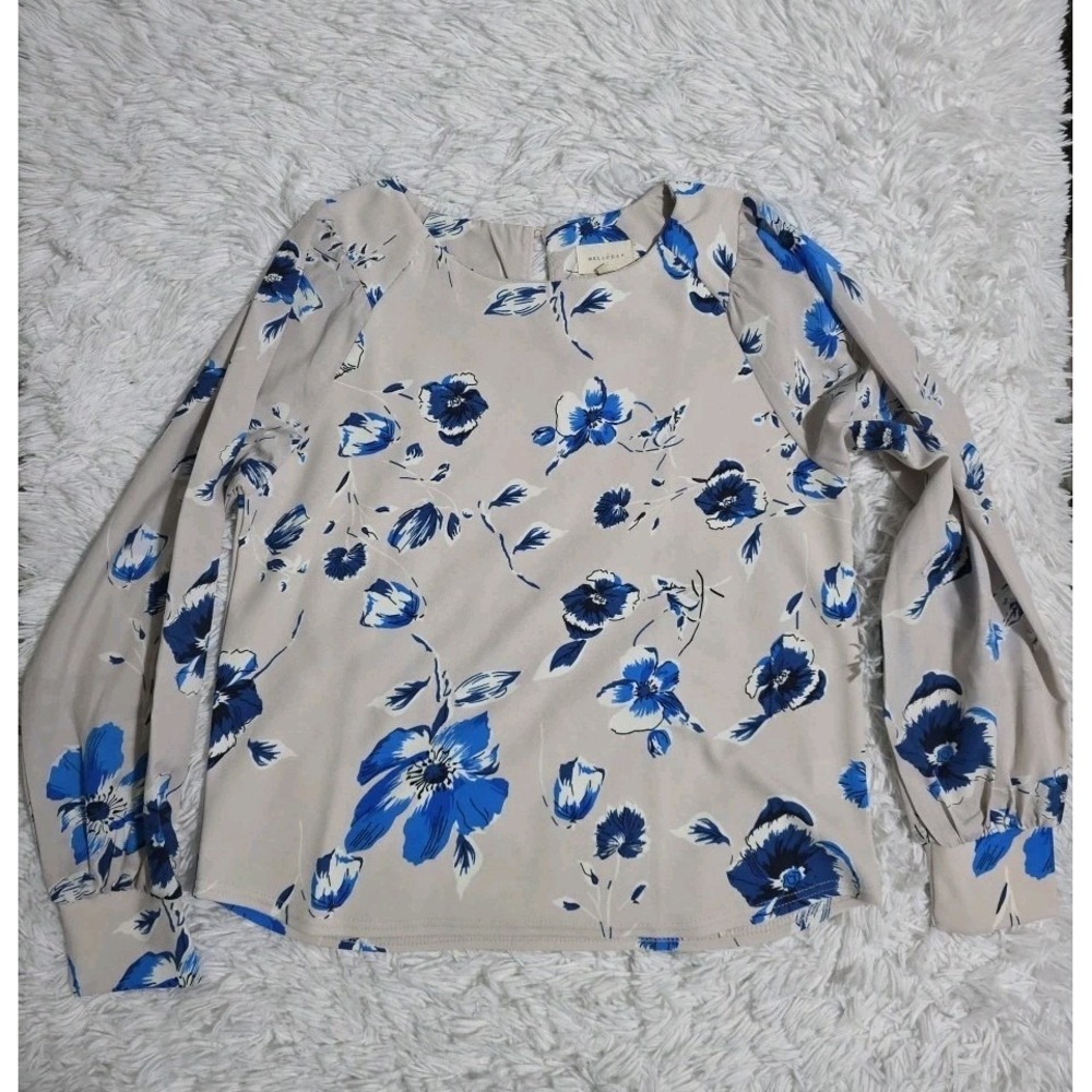 Melloday Womens Blouse Long Puff Sleeve Royal Blue Floral Size Small Workwear